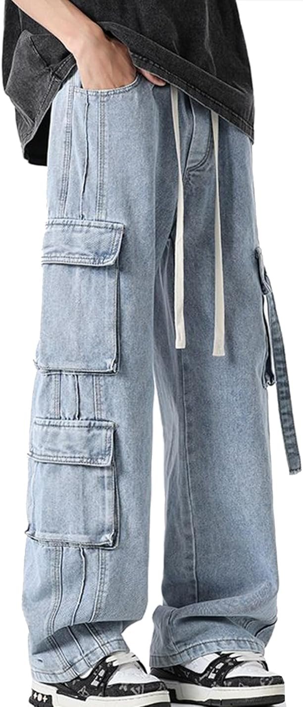 ZUNQKG Womens Y2k Baggy Cargo Jeans Drawstring Elastic Waist Wide Leg Denim with Multi Pockets - Product Image