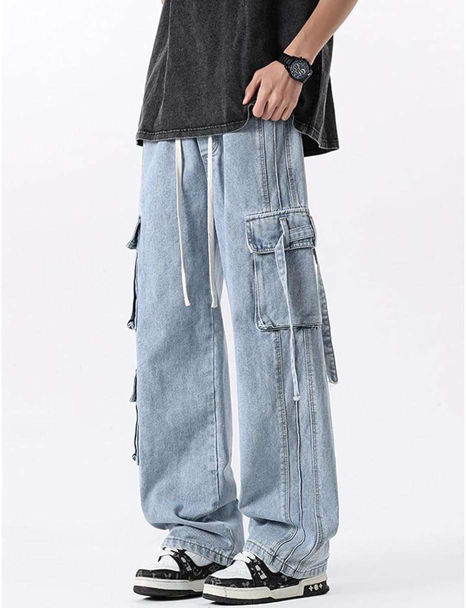 ZUNQKG Womens Y2k Baggy Cargo Jeans Drawstring Elastic Waist Wide Leg Denim with Multi Pockets - Image 4