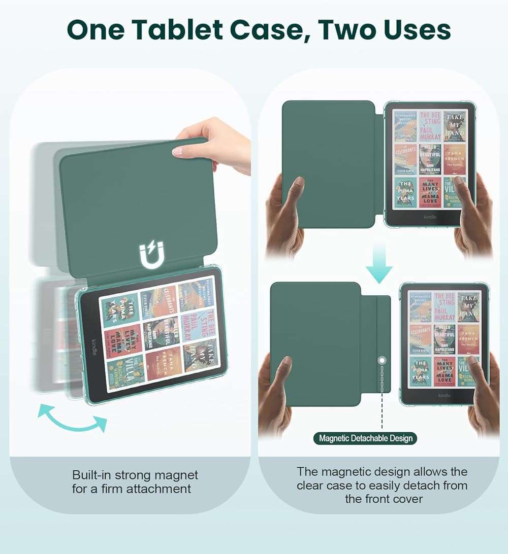 MoKo Detachable Magnetic Case for All-New 7" Kindle Paperwhite 12th Generation 2024 & Kindle Colorsoft 2024/2025,Ultra Clear Back Scratch-Proof Light & Shell Cover with Auto Wake/Sleep, Jade Green - Image 3