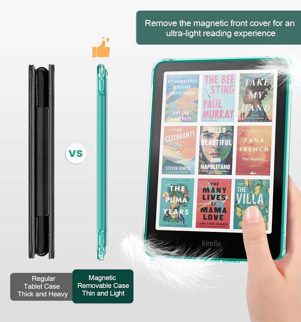 MoKo Detachable Magnetic Case for All-New 7" Kindle Paperwhite 12th Generation 2024 & Kindle Colorsoft 2024/2025,Ultra Clear Back Scratch-Proof Light & Shell Cover with Auto Wake/Sleep, Jade Green - Image 4