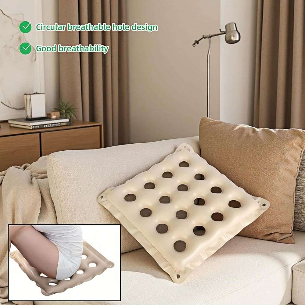 Medical Grade Wheelchair Cushion for Pressure Sores - Breathable Air Pad,Beige PVC Air Seat Pad,Pressure Relief Donut Design, Ventilated Holes,Donut Hole Design w/Hand Pump (17x17in) (Beige) - Image 9