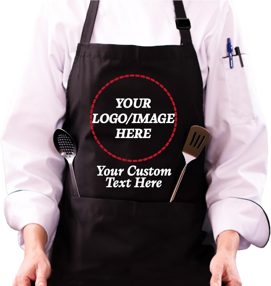 Custom Logo Apron, Personalized Name, Photo Aprons for Men&Women, Adjustable Waterproof Chef Bib with 2 Pockets, Professional Grilling Cooking Kitchen Apron, Customized BBQ, Baking Restaurant Gift - Product Image