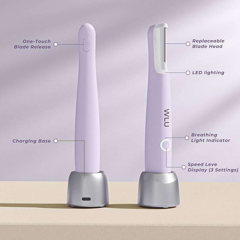 Dermaplane Razor for Women Face, WLU Rechargeable Face Dermaplaning Tool – Peach Fuzz, Facial Hair & Exfoliation Removal, Sonic Technology with LED Light, 3 Speeds & 10 Blades (Purple) - Image 6