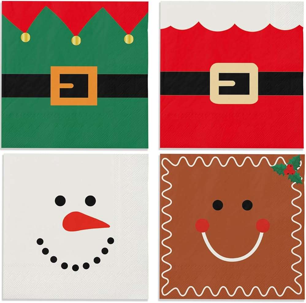 100 Christmas Napkins, Christmas Cocktail Napkins, Xmas Snowman Gingerbread Man Elf & Santa Party Napkins for Holiday Decorations Table Décor Party Supplies - Image 1