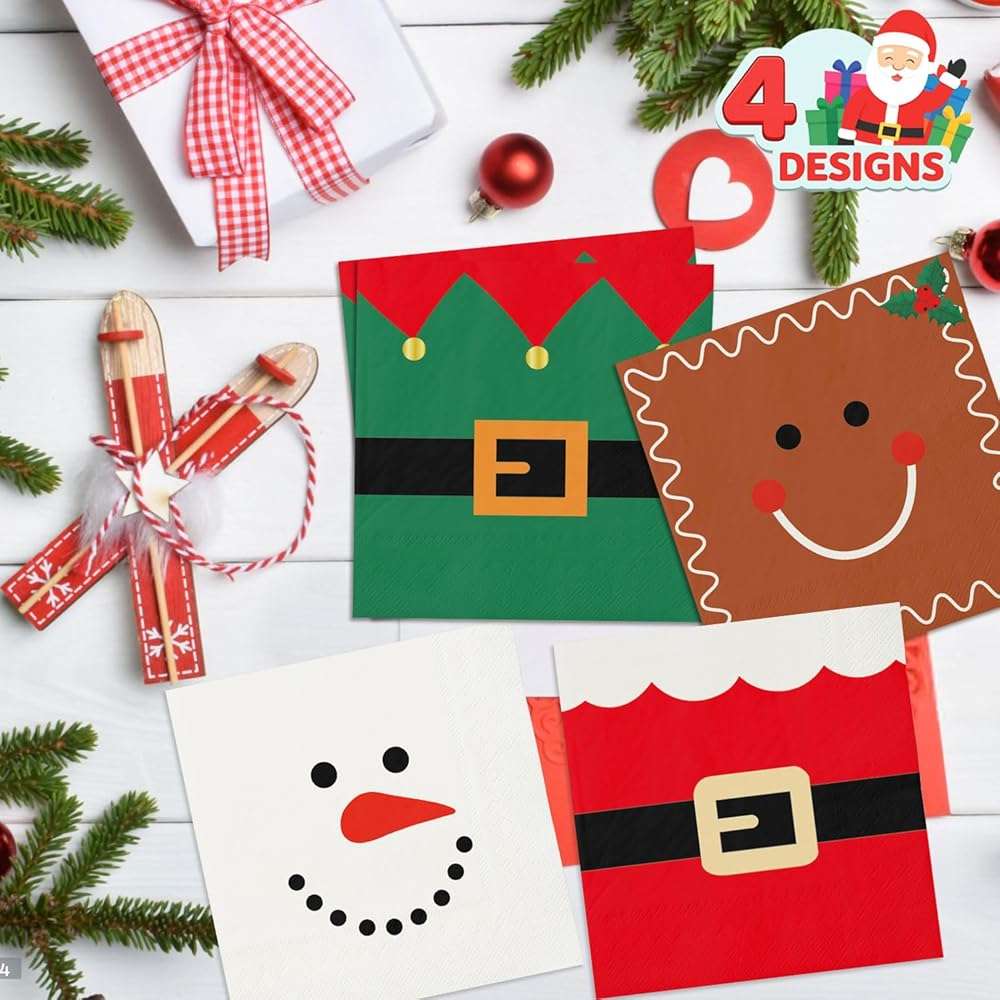 100 Christmas Napkins, Christmas Cocktail Napkins, Xmas Snowman Gingerbread Man Elf & Santa Party Napkins for Holiday Decorations Table Décor Party Supplies - Image 4