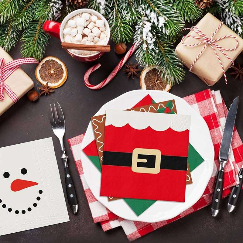 100 Christmas Napkins, Christmas Cocktail Napkins, Xmas Snowman Gingerbread Man Elf & Santa Party Napkins for Holiday Decorations Table Décor Party Supplies - Image 5