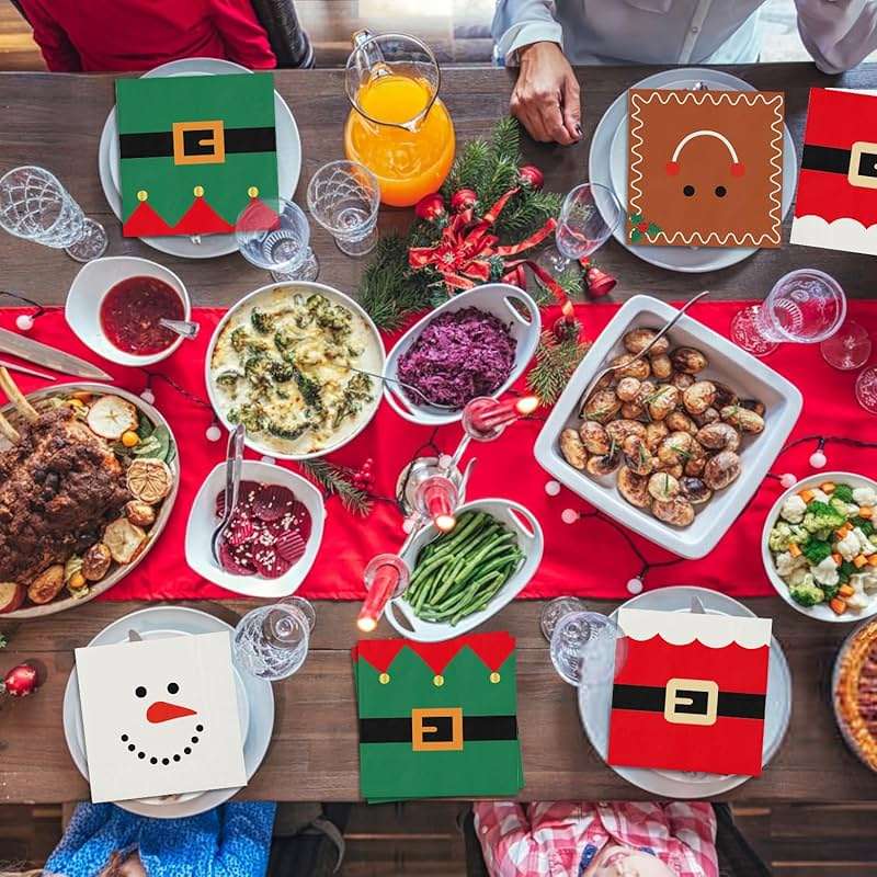 100 Christmas Napkins, Christmas Cocktail Napkins, Xmas Snowman Gingerbread Man Elf & Santa Party Napkins for Holiday Decorations Table Décor Party Supplies - Image 6