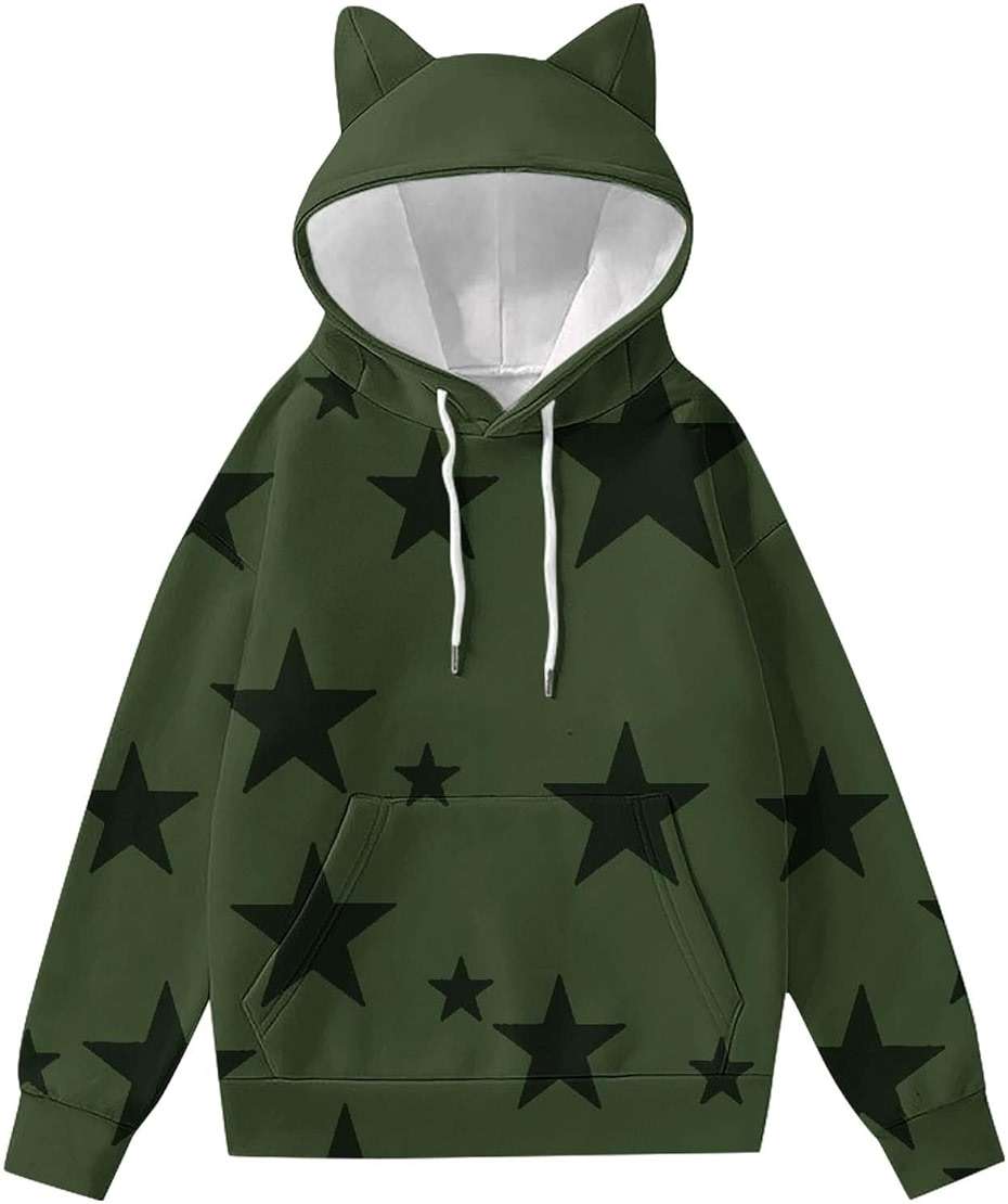 Women's Cat Ear Hoodie Fleece Pullover Y2K Cute Printed Sweatshirt Winter Fall Fashion Hooded Sweater Top - Image 1