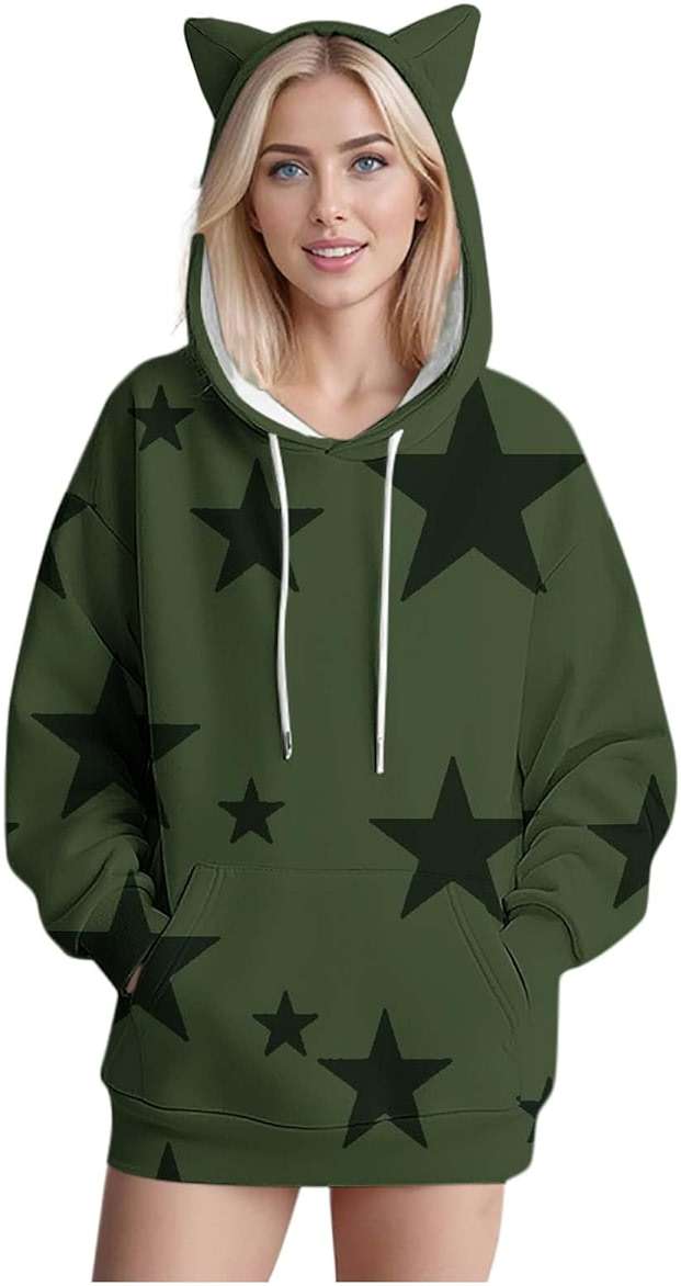 Women's Cat Ear Hoodie Fleece Pullover Y2K Cute Printed Sweatshirt Winter Fall Fashion Hooded Sweater Top - Image 2