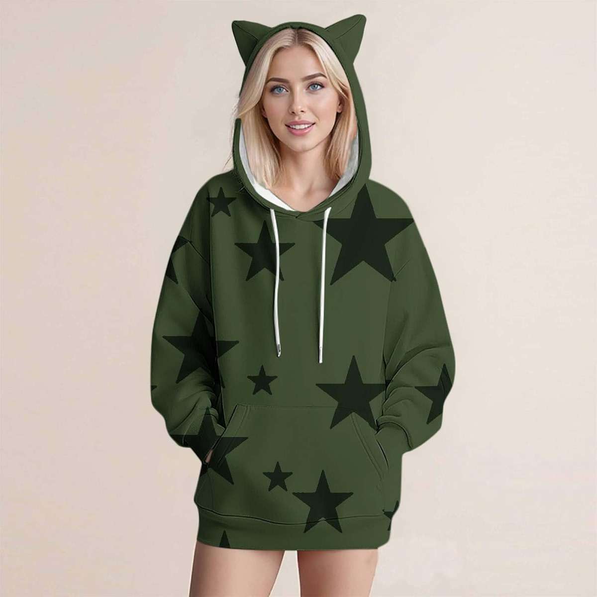 Women's Cat Ear Hoodie Fleece Pullover Y2K Cute Printed Sweatshirt Winter Fall Fashion Hooded Sweater Top - Image 4