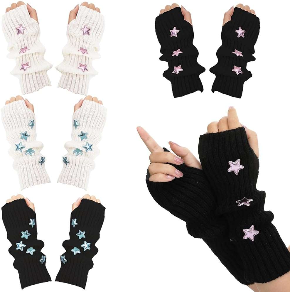 Angirlish 4 Pairs Star Arm Warmers Y2K, Kawaii Knitted Arm Sleeve, Cute Fingerless Thumb Hole Gloves Grunge Accessories for Women Halloween Cosplay - Image 1