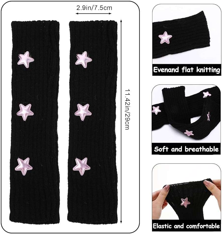 Angirlish 4 Pairs Star Arm Warmers Y2K, Kawaii Knitted Arm Sleeve, Cute Fingerless Thumb Hole Gloves Grunge Accessories for Women Halloween Cosplay - Image 2