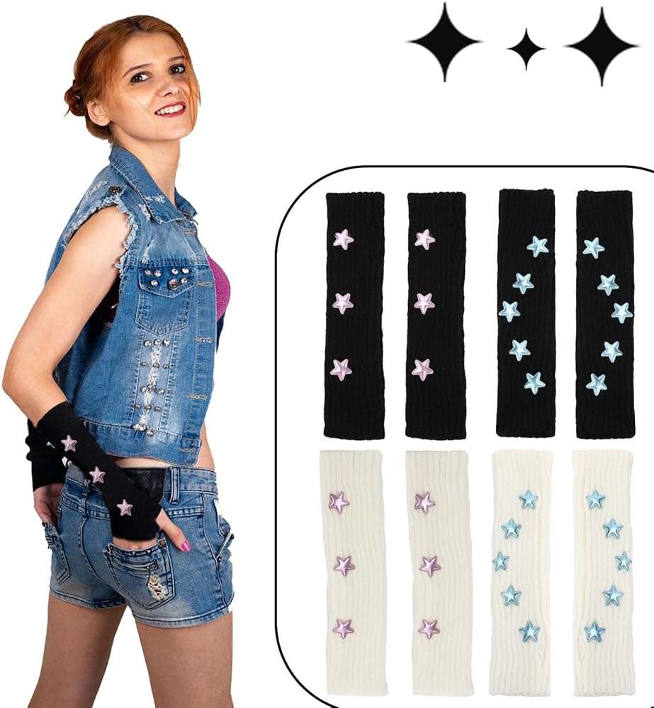 Angirlish 4 Pairs Star Arm Warmers Y2K, Kawaii Knitted Arm Sleeve, Cute Fingerless Thumb Hole Gloves Grunge Accessories for Women Halloween Cosplay - Image 4