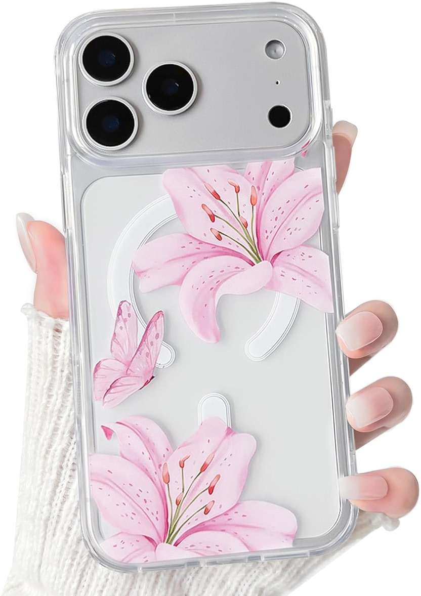 NITITOP Compatible for iPhone 17 Pro Max Case Clear Magnetic Compatible with MagSafe Cute Lily Flowers Floral for Women Girls Hard PC Back Shockproof Protective Phone Cover - Pink - Image 1