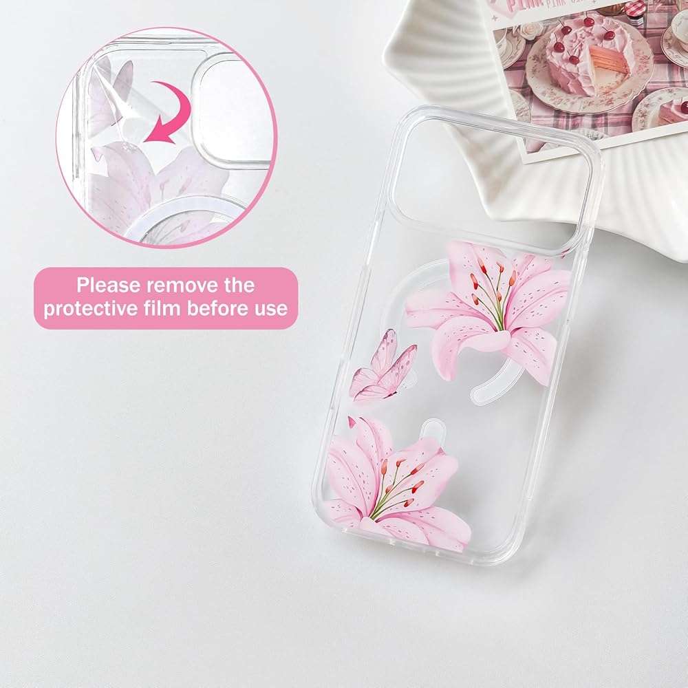 NITITOP Compatible for iPhone 17 Pro Max Case Clear Magnetic Compatible with MagSafe Cute Lily Flowers Floral for Women Girls Hard PC Back Shockproof Protective Phone Cover - Pink - Image 2