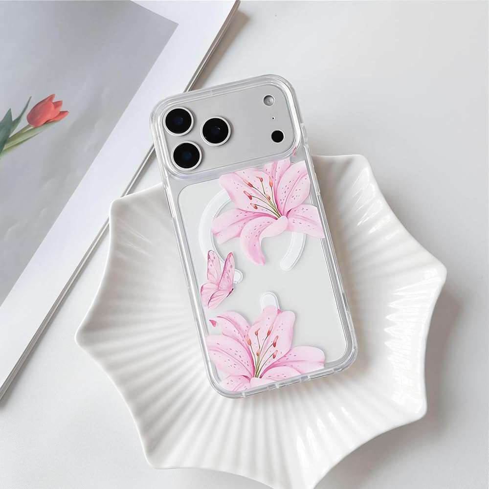 NITITOP Compatible for iPhone 17 Pro Max Case Clear Magnetic Compatible with MagSafe Cute Lily Flowers Floral for Women Girls Hard PC Back Shockproof Protective Phone Cover - Pink - Image 4