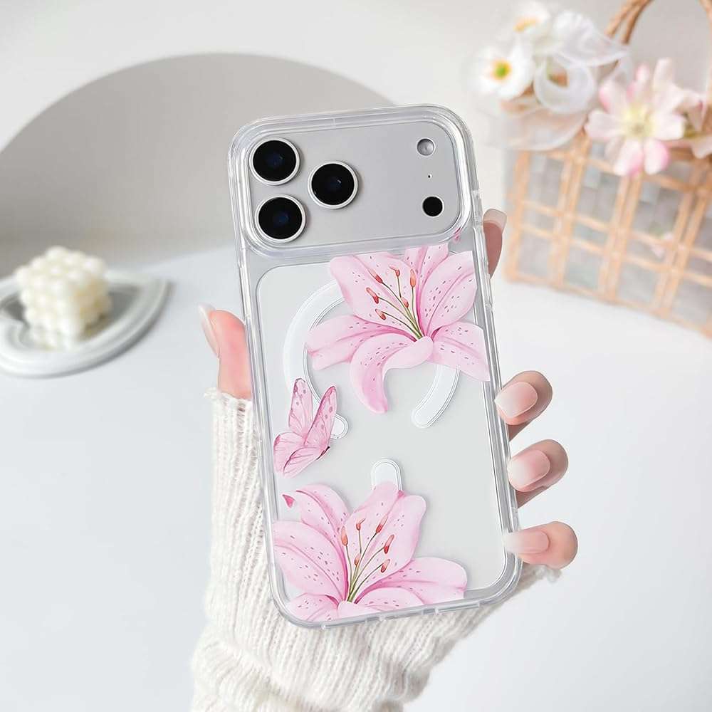 NITITOP Compatible for iPhone 17 Pro Max Case Clear Magnetic Compatible with MagSafe Cute Lily Flowers Floral for Women Girls Hard PC Back Shockproof Protective Phone Cover - Pink - Image 5
