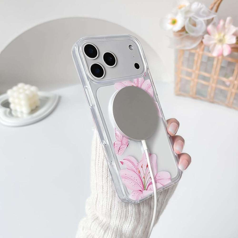 NITITOP Compatible for iPhone 17 Pro Max Case Clear Magnetic Compatible with MagSafe Cute Lily Flowers Floral for Women Girls Hard PC Back Shockproof Protective Phone Cover - Pink - Image 7