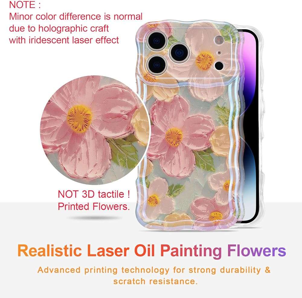 EYZUTAK Case for iPhone 17 Pro Max, Colorful Retro Oil Painting Printed Flower Laser Glossy Pattern Cute Curly Wave Edge Exquisite Phone Cover Stylish Durable TPU Protective Case for Girl Women-Green - Image 2