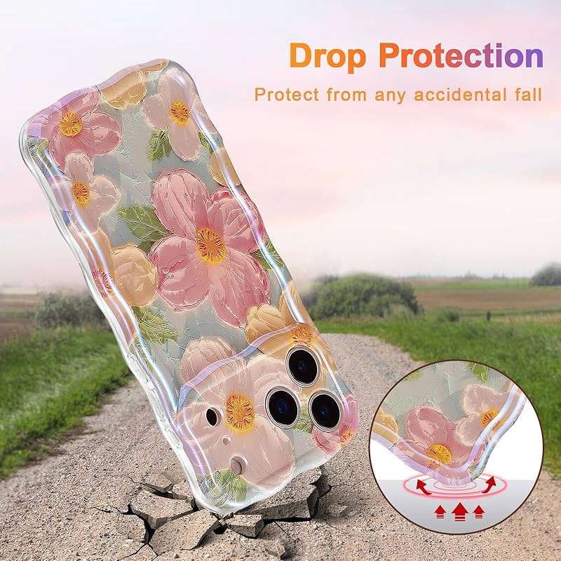 EYZUTAK Case for iPhone 17 Pro Max, Colorful Retro Oil Painting Printed Flower Laser Glossy Pattern Cute Curly Wave Edge Exquisite Phone Cover Stylish Durable TPU Protective Case for Girl Women-Green - Image 3