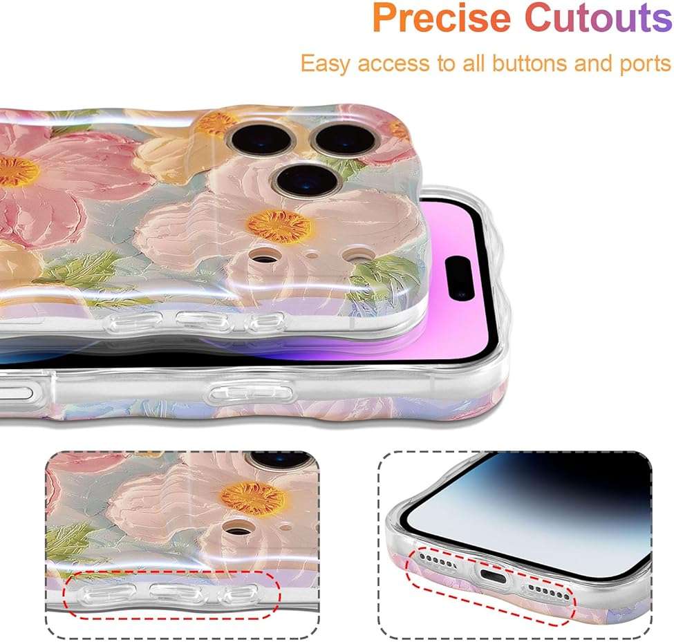EYZUTAK Case for iPhone 17 Pro Max, Colorful Retro Oil Painting Printed Flower Laser Glossy Pattern Cute Curly Wave Edge Exquisite Phone Cover Stylish Durable TPU Protective Case for Girl Women-Green - Image 5