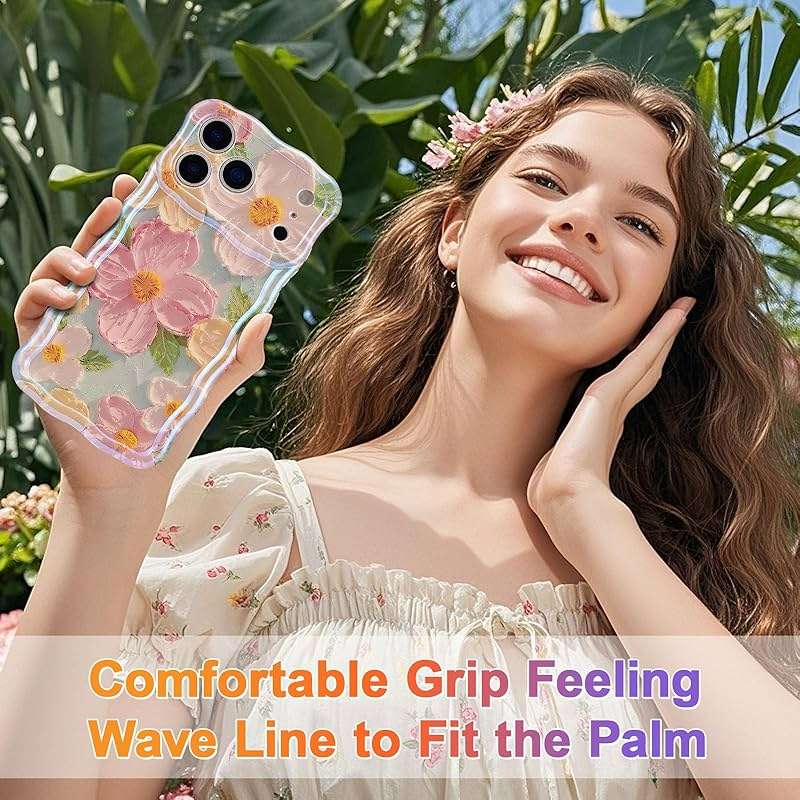 EYZUTAK Case for iPhone 17 Pro Max, Colorful Retro Oil Painting Printed Flower Laser Glossy Pattern Cute Curly Wave Edge Exquisite Phone Cover Stylish Durable TPU Protective Case for Girl Women-Green - Image 8