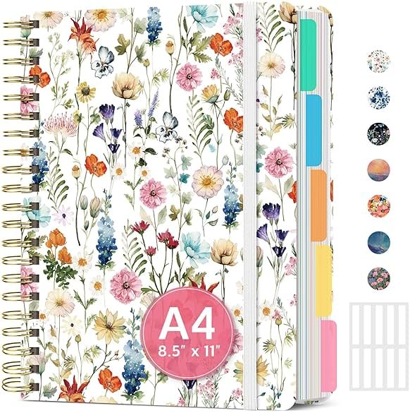 Large Spiral Lined Notebooks for Work with Removable Dividers & Tabs, 8.5"x11" Pretty Hardcover 5 Subject Notebook Journal for Women, College Ruled, Perfect for Study & Office Organization, 280 Pages,Wildflowers - Product Image