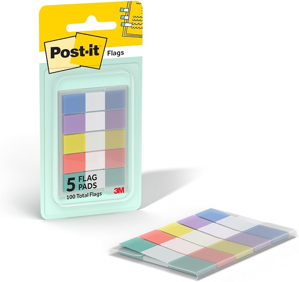 Post-it Flags, 0.47 in. x 1.7 in., One Dispenser with 100 -Count Assorted Pastel Colors Sticky Tabs Per Dispenser, Removable Page Markers for Planners, Journals, and Calendars (100 Flags Total) - Product Image