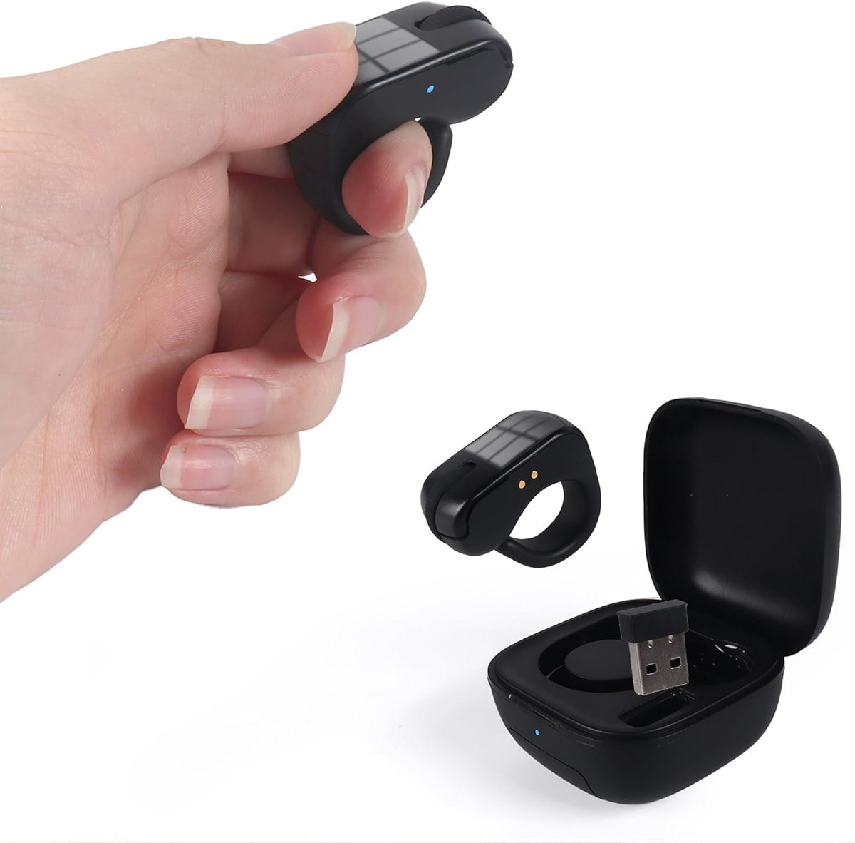 Mini Bluetooth Wireless Mouse Dual Mode Finger & Ring Touchpad Design, Rechargeable with Charging Case for PC, Laptops, Tablets & Smartphones – Ideal for Remote Control, Page Turning,Travel (Black) - Product Image