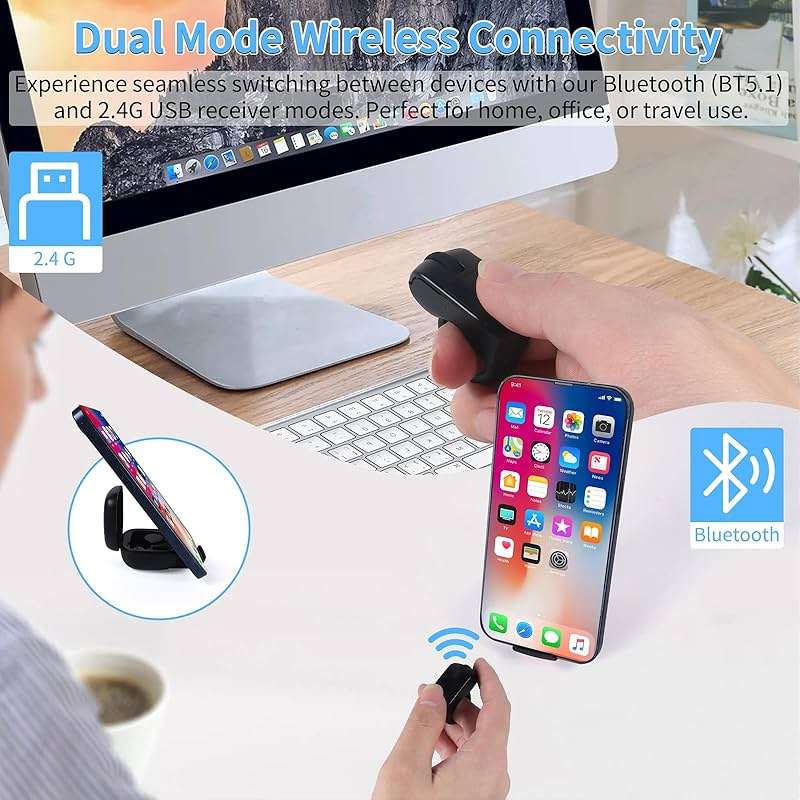 Mini Bluetooth Wireless Mouse Dual Mode Finger & Ring Touchpad Design, Rechargeable with Charging Case for PC, Laptops, Tablets & Smartphones – Ideal for Remote Control, Page Turning,Travel (Black) - Image 2