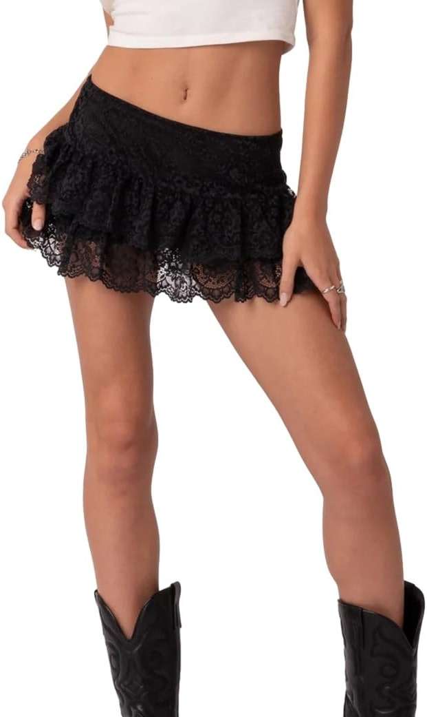 Women Y2k Sheer Lace Mini Skirt Low Rise Floral Mesh Pleated Ruffle Half Slip Layered Flowy Short Skirts - Image 1