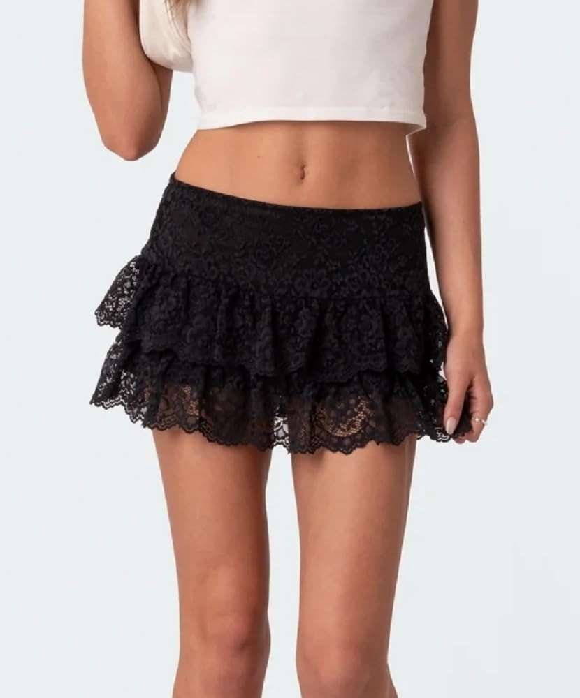 Women Y2k Sheer Lace Mini Skirt Low Rise Floral Mesh Pleated Ruffle Half Slip Layered Flowy Short Skirts - Image 4