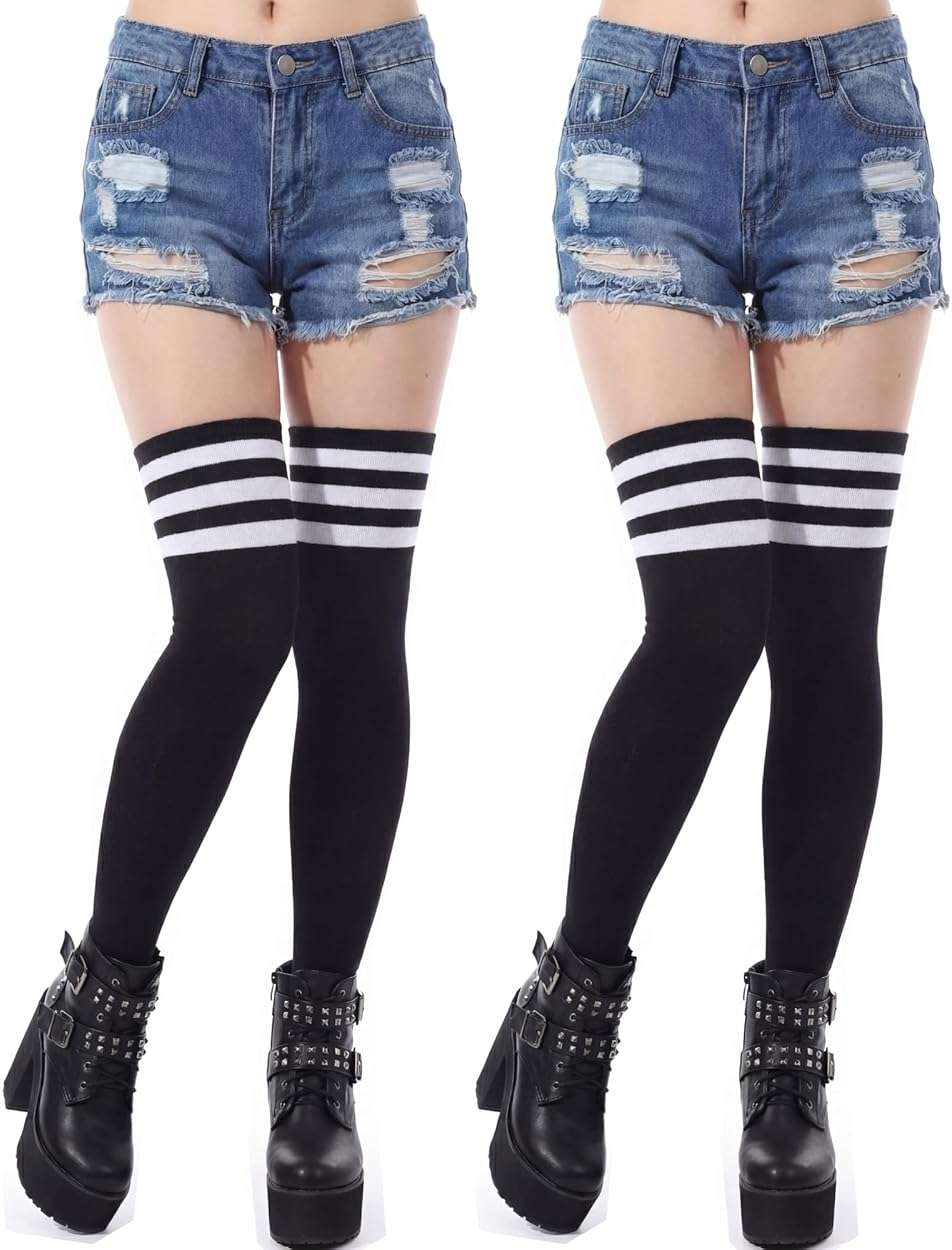 Ramede 2 Pairs Women's Three Stripes Thigh High Socks Extra Long High Thigh Socks Striped over Knee Long Opaque Stockings - Image 1