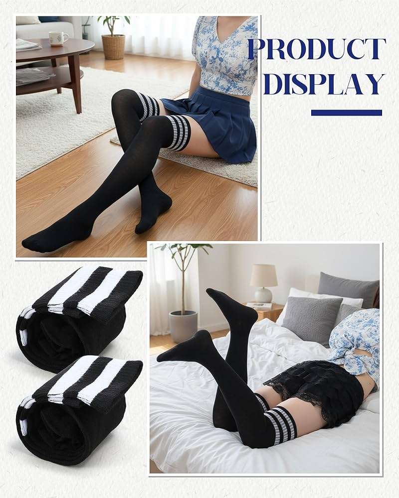 Ramede 2 Pairs Women's Three Stripes Thigh High Socks Extra Long High Thigh Socks Striped over Knee Long Opaque Stockings - Image 4
