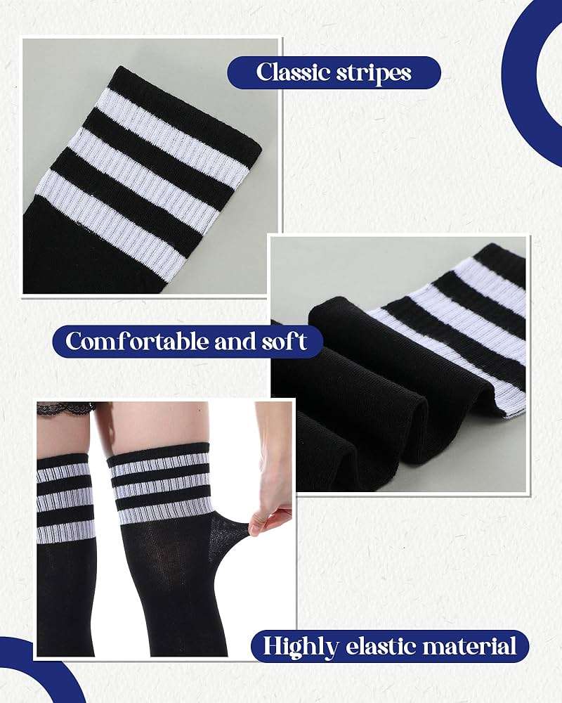Ramede 2 Pairs Women's Three Stripes Thigh High Socks Extra Long High Thigh Socks Striped over Knee Long Opaque Stockings - Image 5
