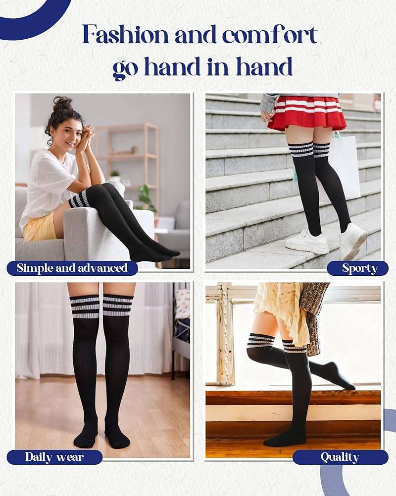 Ramede 2 Pairs Women's Three Stripes Thigh High Socks Extra Long High Thigh Socks Striped over Knee Long Opaque Stockings - Image 6