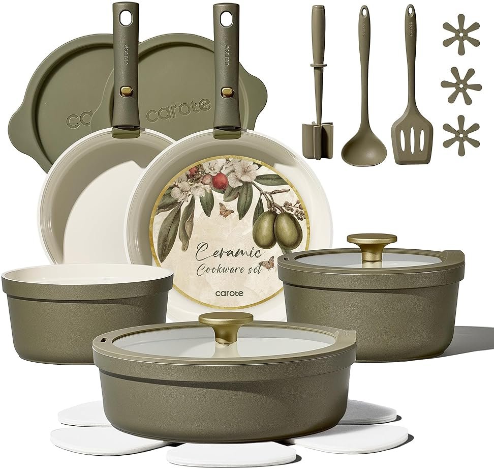 Carote 21pcs Ceramic Cookware Set with Detachable Handles, Pots and Pans Set Non Stick, RV Kitchen Cooking Pot and Pan, Dishwasher Safe, Non-toxic Induction Cookware PFAS and PFOA Free, Olive Green - Product Image