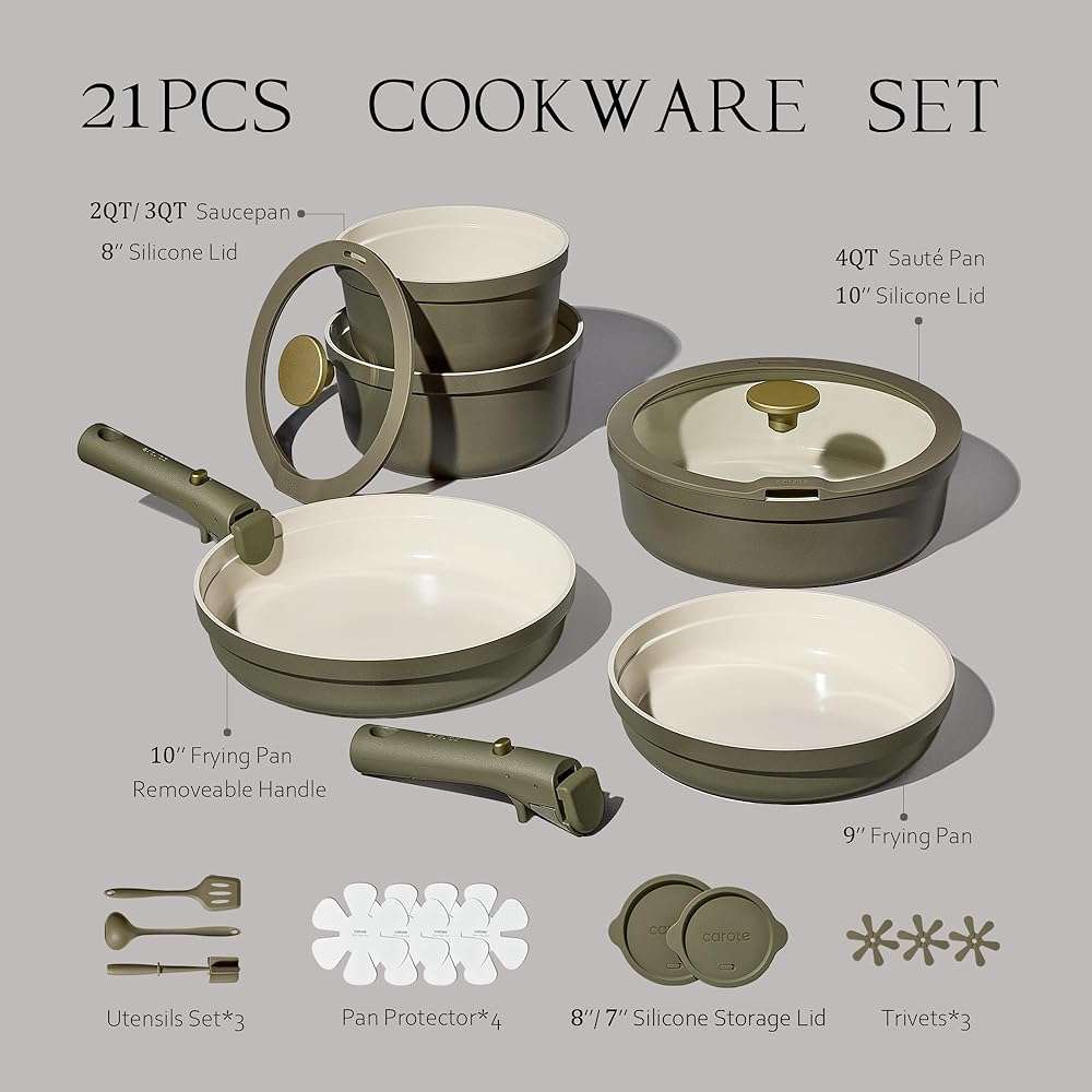 Carote 21pcs Ceramic Cookware Set with Detachable Handles, Pots and Pans Set Non Stick, RV Kitchen Cooking Pot and Pan, Dishwasher Safe, Non-toxic Induction Cookware PFAS and PFOA Free, Olive Green - Image 3