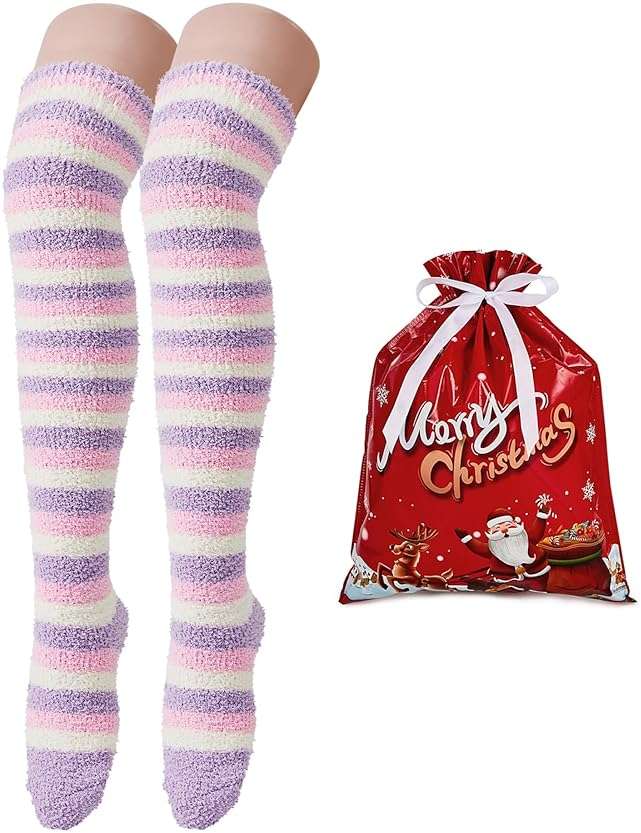 Zando Christmas Fuzzy Striped Thigh High Socks for Women Over the Knee Socks Thigh Highs Leg Warmers Drawstring Gift Bags - Image 1