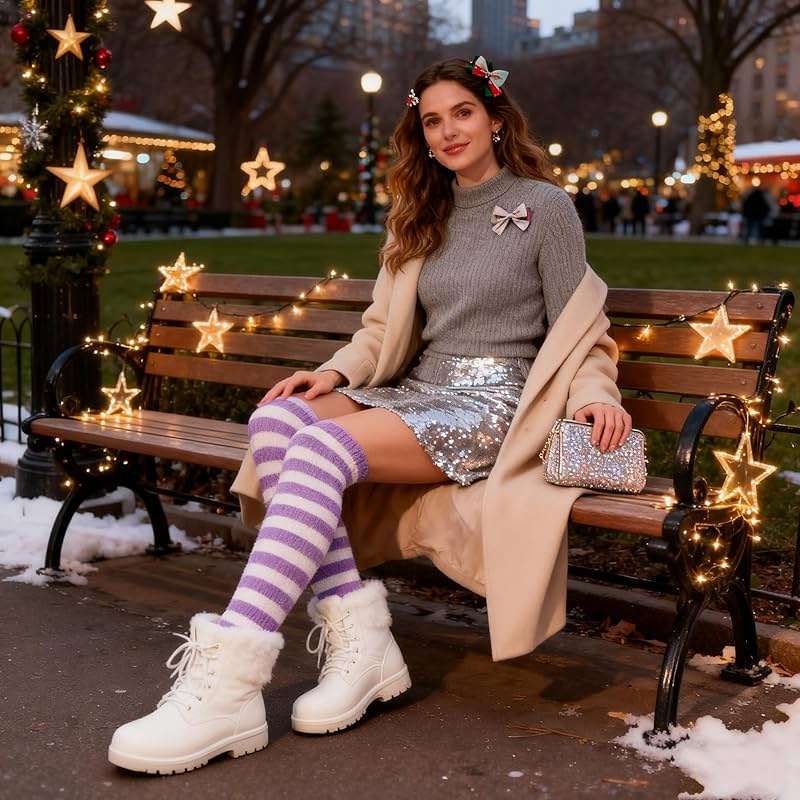 Zando Christmas Fuzzy Striped Thigh High Socks for Women Over the Knee Socks Thigh Highs Leg Warmers Drawstring Gift Bags - Image 2