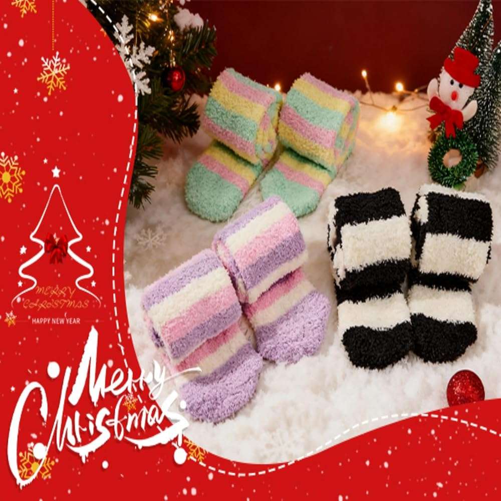 Zando Christmas Fuzzy Striped Thigh High Socks for Women Over the Knee Socks Thigh Highs Leg Warmers Drawstring Gift Bags - Image 3