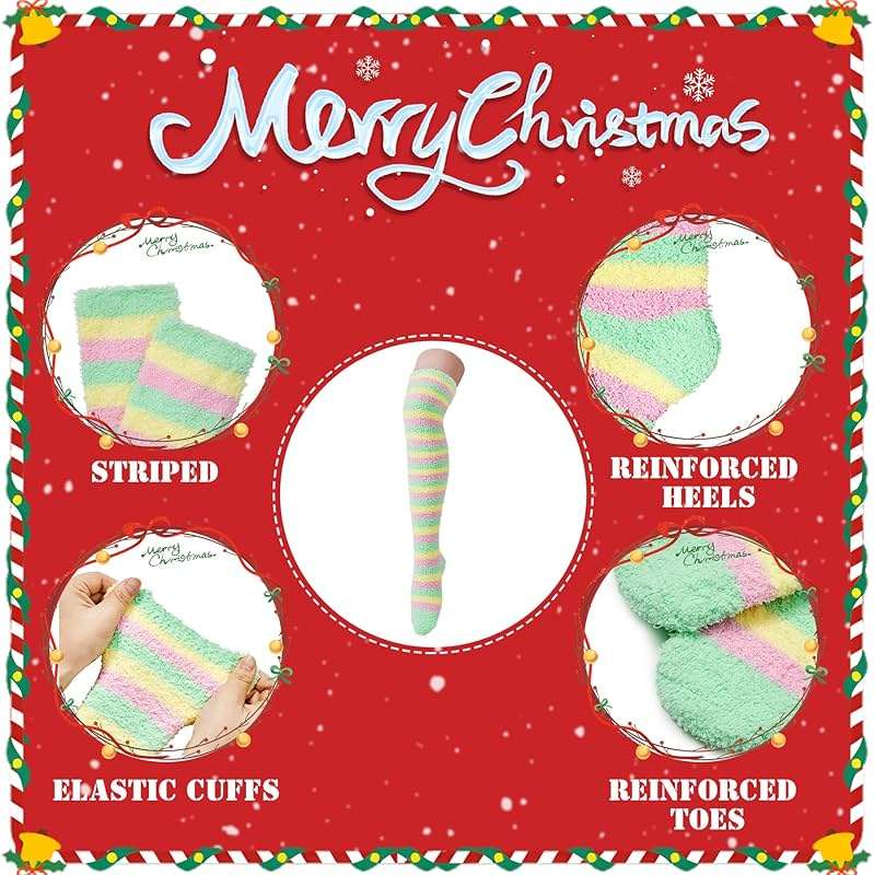 Zando Christmas Fuzzy Striped Thigh High Socks for Women Over the Knee Socks Thigh Highs Leg Warmers Drawstring Gift Bags - Image 4