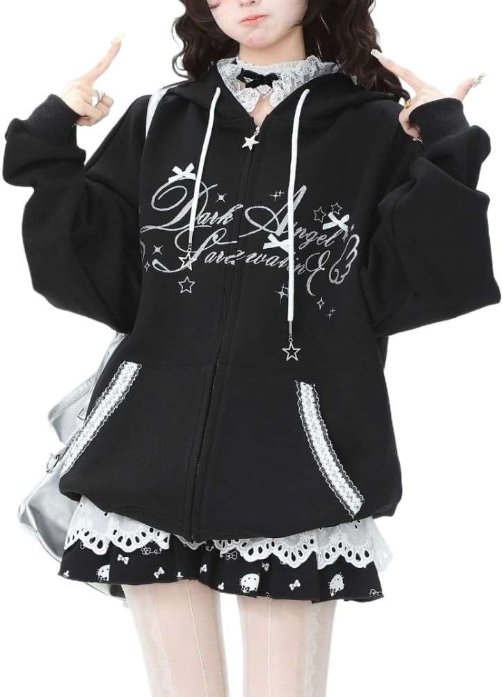 Xojbzoo Kawaii Y2K Zip Up Hoodie Bows Women's Lace Trim Hooded Sweatshirt Oversized Cute Pullover with Bow & Lace Pockets - Image 1