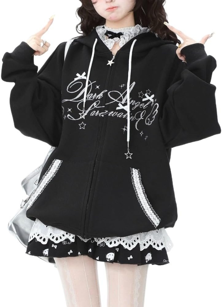 Xojbzoo Kawaii Y2K Zip Up Hoodie Bows Women's Lace Trim Hooded Sweatshirt Oversized Cute Pullover with Bow & Lace Pockets - Product Image