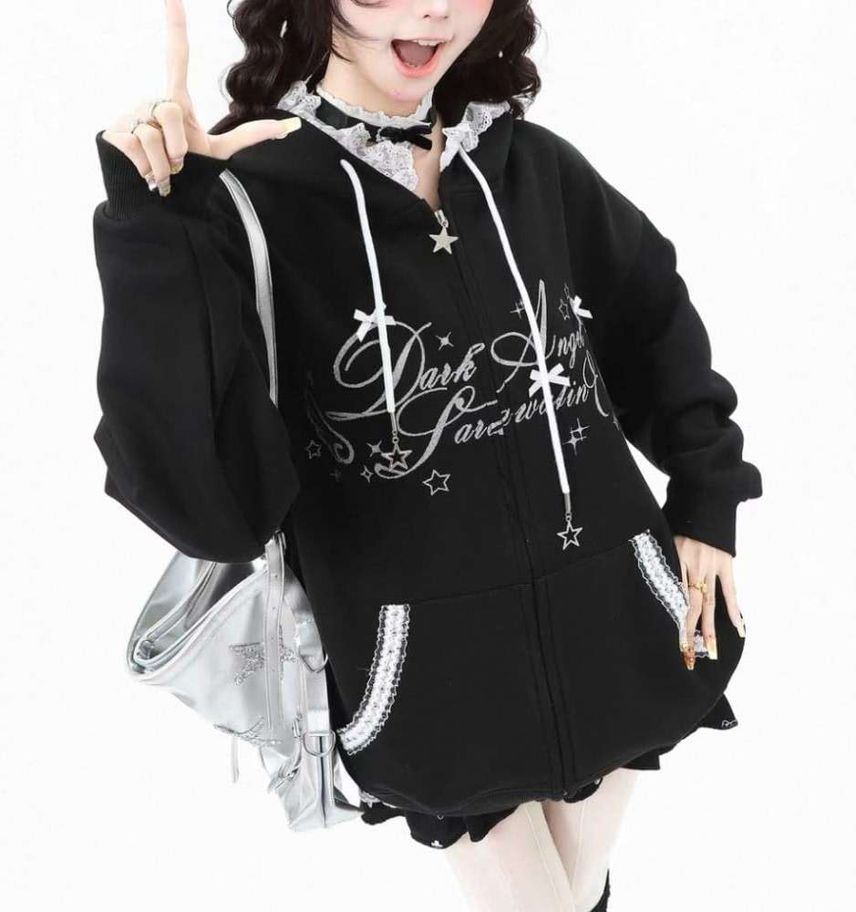 Xojbzoo Kawaii Y2K Zip Up Hoodie Bows Women's Lace Trim Hooded Sweatshirt Oversized Cute Pullover with Bow & Lace Pockets - Image 2