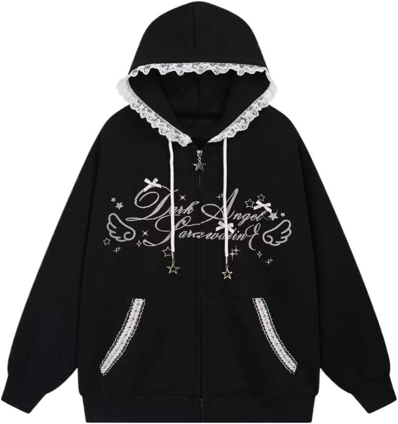 Xojbzoo Kawaii Y2K Zip Up Hoodie Bows Women's Lace Trim Hooded Sweatshirt Oversized Cute Pullover with Bow & Lace Pockets - Image 3