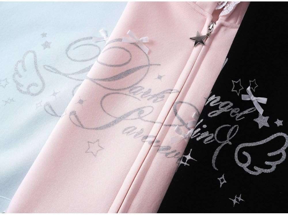 Xojbzoo Kawaii Y2K Zip Up Hoodie Bows Women's Lace Trim Hooded Sweatshirt Oversized Cute Pullover with Bow & Lace Pockets - Image 5
