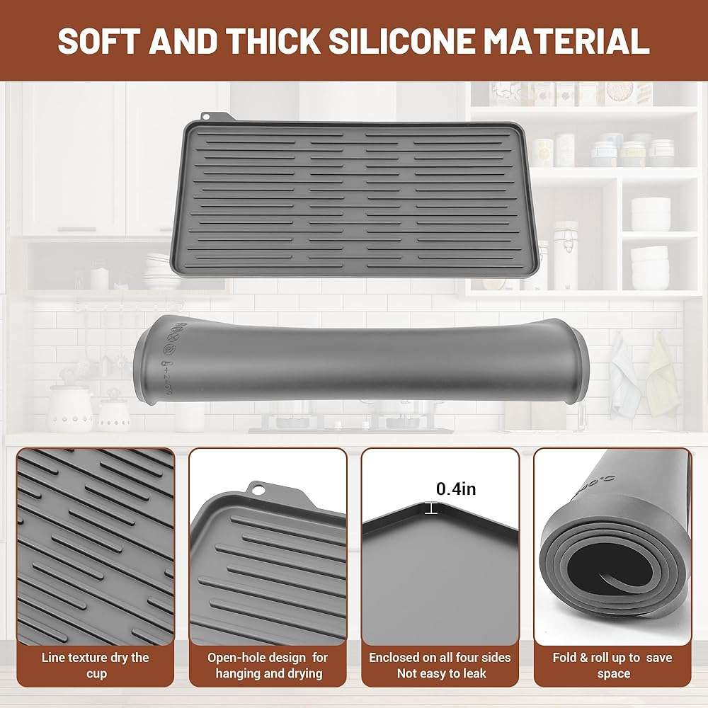 16×16-inch Barista-Grade Coffee Station Mat: Catch Spills, Protect Countertops! Silicone, Water Resistant & Heat Resistant. Perfect Under, as Dish Dryer or Pet Mat. (Grey) - Image 4