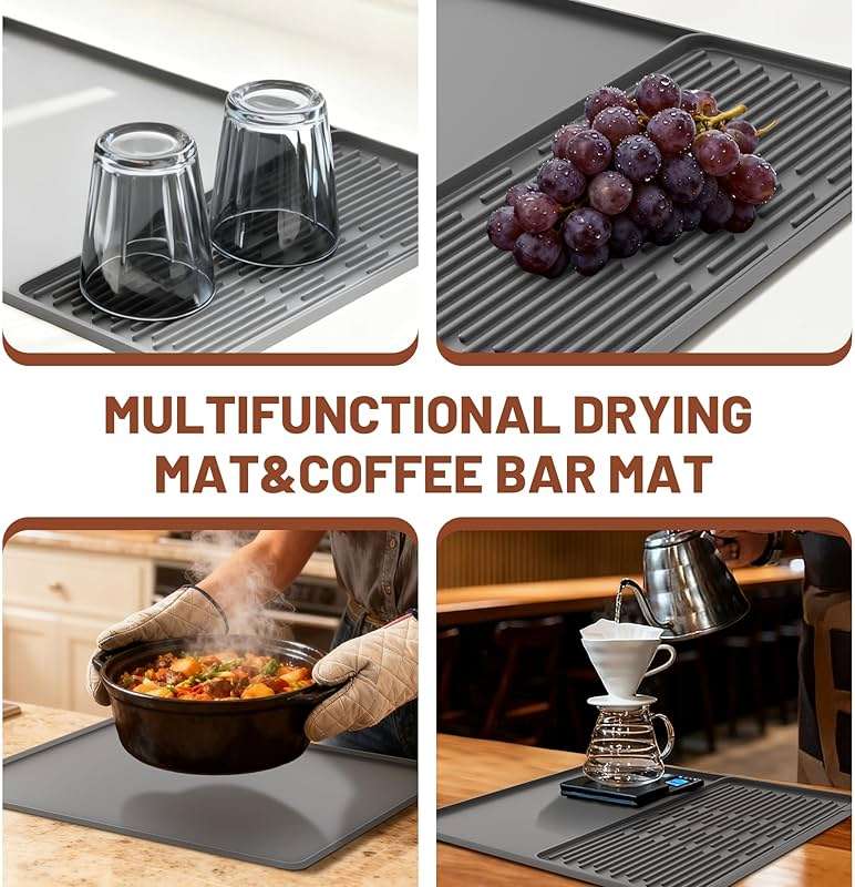 16×16-inch Barista-Grade Coffee Station Mat: Catch Spills, Protect Countertops! Silicone, Water Resistant & Heat Resistant. Perfect Under, as Dish Dryer or Pet Mat. (Grey) - Image 7
