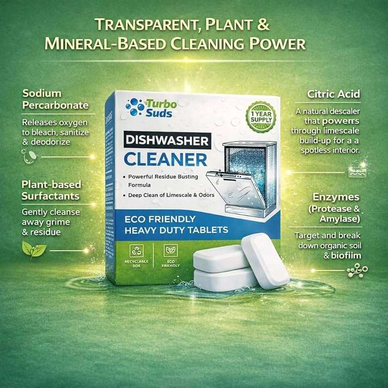 Turbo Suds Dishwasher Cleaner and Deodorizer XL Tablets – Heavy-Duty Descaler & Odor Remover for Hard Water, Removes Spots & Residue, Enhance Drying & Shine, 12 Pack (1 Year Supply) - Image 7